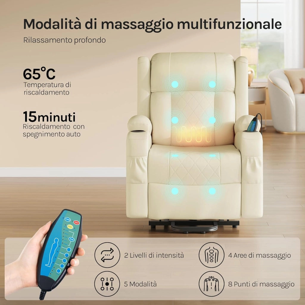Poltrona Elettrica Reclinabile, Sedia Massaggiante con Alzapersone, Riscaldamento, Poggiapiedi, Tasche Laterali, Porta USB, Portabicchieri, per Soggiorno, PU, Beige, SKS62be