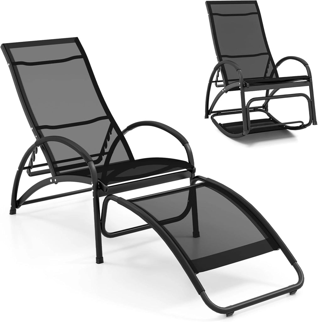 Sedia a Dondolo 2 in 1 da Giardino, Lettino Prendisole Convertibile con Schienale Regolabile a 4 Posizioni, Braccioli Curvi e Telaio in Alluminio, per Patio e Piscina, Portata 150 kg (Nero)