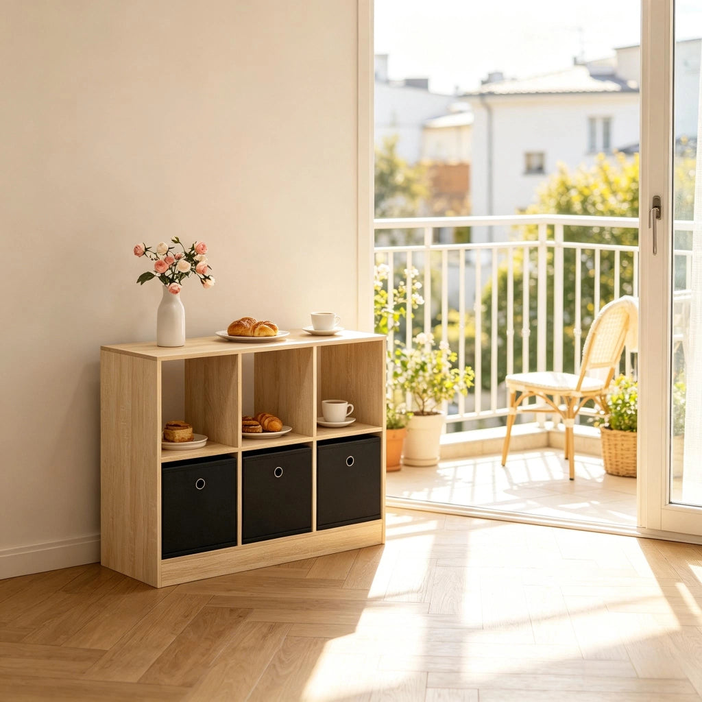 Libreria cubby autoportante con 3 cassetti in tessuto, 30x80x61 cm, nero e rovere chiaro