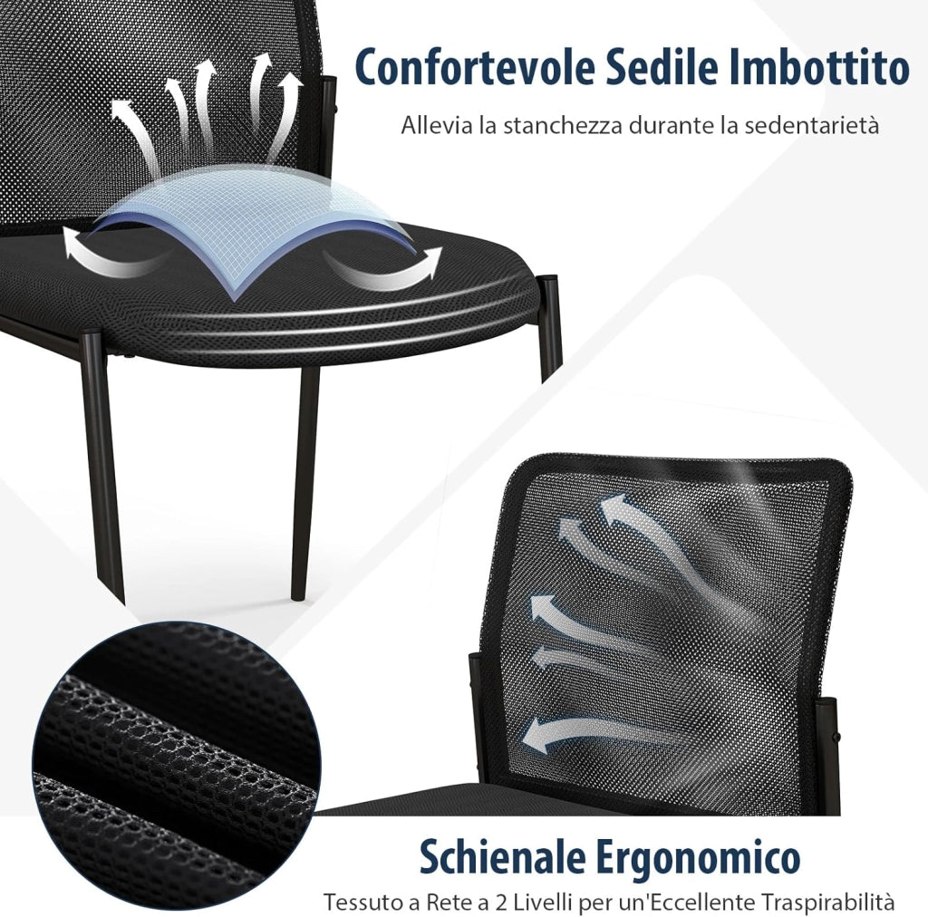 Set di 2 Sedie da Conferenza, Sedia da Ufficio con Schienale Ergonomico in Rete, Seduta Imbottita, Sedie per Sala d'Attesa, Ufficio, Portata 150 kg, 63 x 52 x 84 cm
