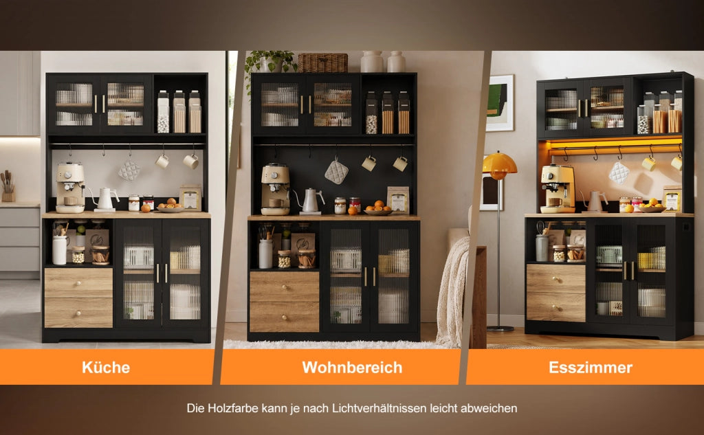 Hochschrank da cucina con LED, prese USB e ante in vetro temperato, 110 x 40 x 178 cm, nero