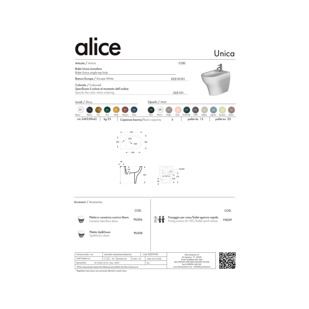 Coppia Di Sanitari Alice Ceramica Da Terra Filo Muro Senza Brida Bianco Lucido "Unica"