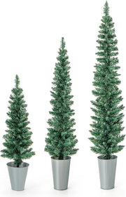 Set di 3 Albero di Natale Artificiale in Vaso con Alberi Finti da 90/120/150 cm, Alberi di Natale Sottili a Matita con Secchi in Metallo Argentato, Decorazione Festiva (Verde)