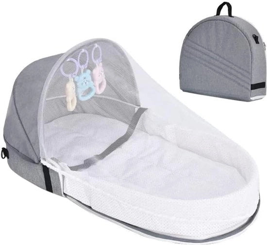 Letto portatile per bambini con tenda e giocabolli - Culla per bambini da viaggio con protezione contro le intemperie e anti-insetti - Culla per bambini da esterno per uscita, acquisto, campeggio e viaggio
