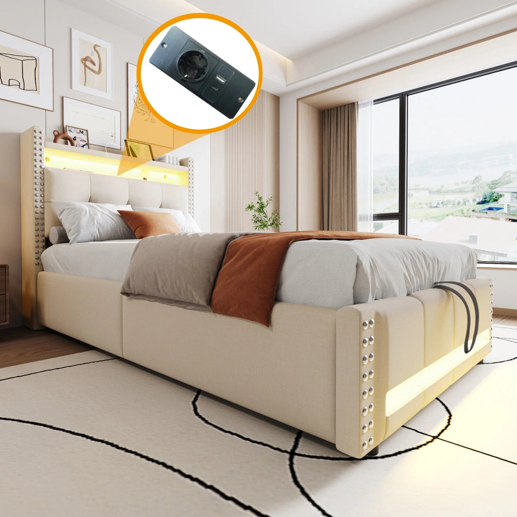 LETTO imbottito singolo 90x200 cm Beige con LED, USB e contenitore