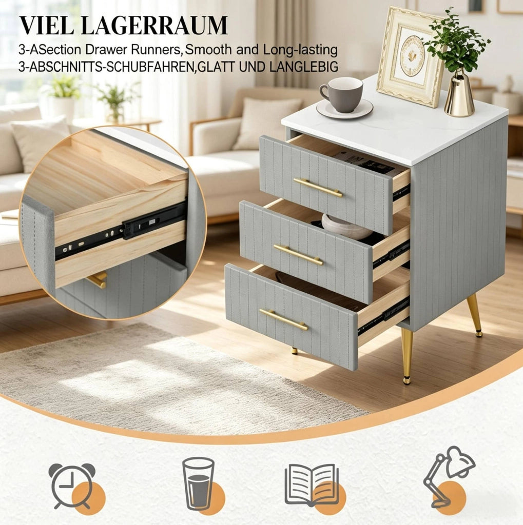 Comodino in velluto con 3 cassetti, MDF e gambe dorate, grigio 40,5 x 41 x 62 cm