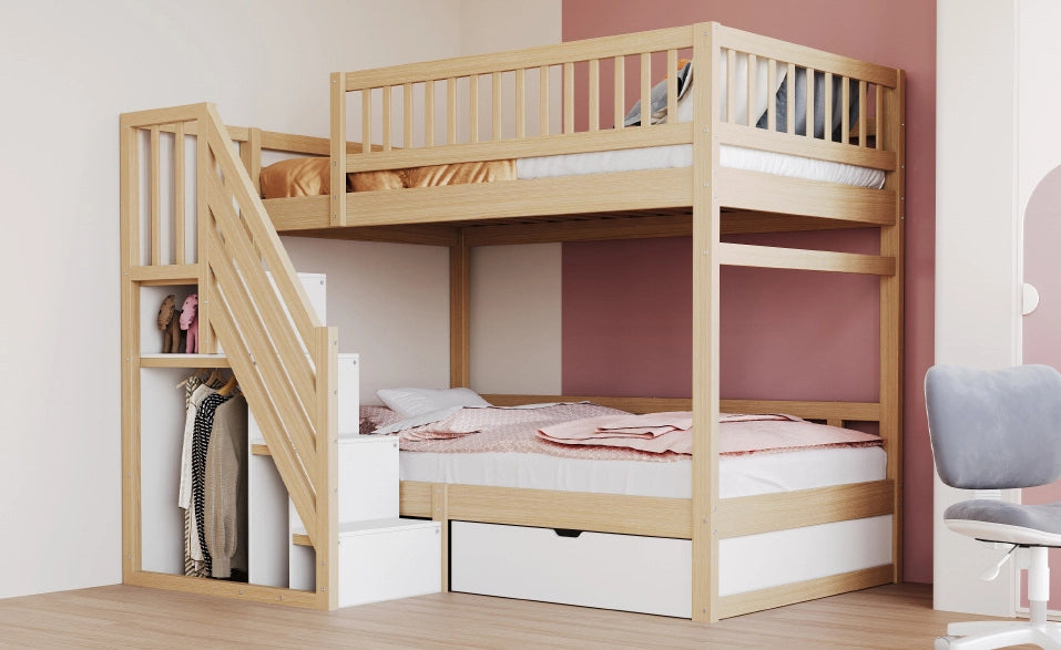Letto a castello 90x200 cm con scale portaoggetti; cassetti; in legno bianco e colore naturale