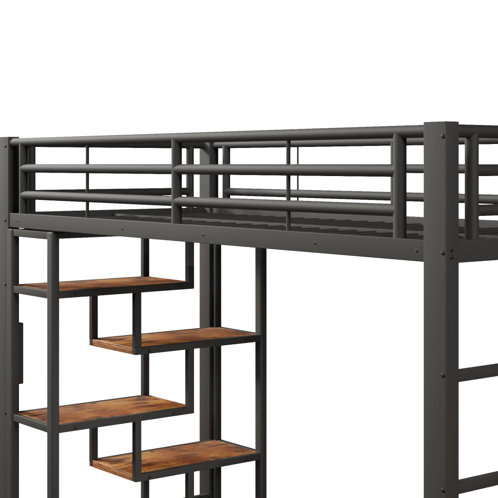 Letto a soppalco 90x200 cm con spazio libero sottostante; LED; ripiano; gradini integrati e parapetto; metallo nero
