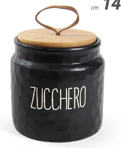 Barattoli in Ceramica Nera Opaca con Coperchio in Bambù Colore e Fantasia: ZUCCHERO