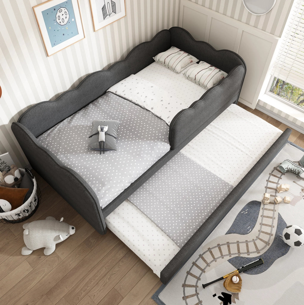 Letto daybed estraibile 90x190 cm in lino grigio; con rete a doghe e struttura L