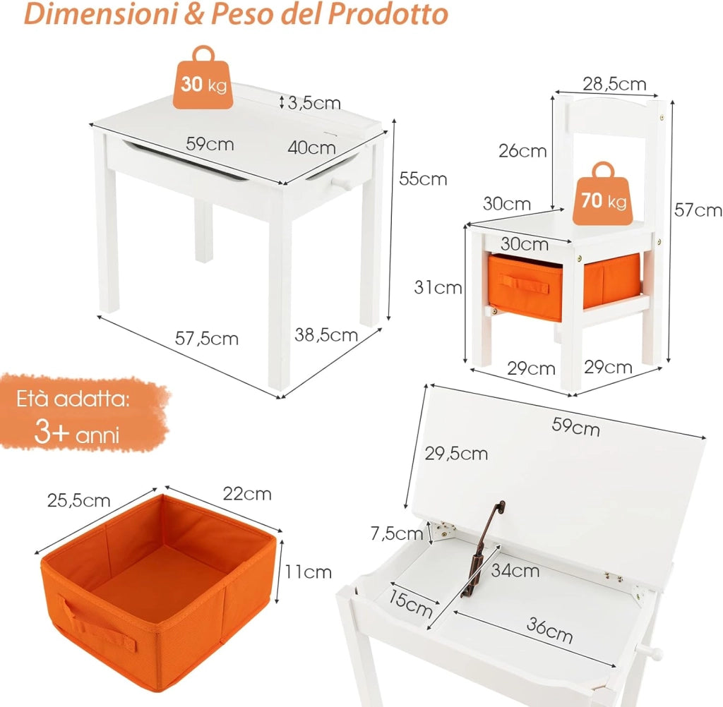 Set Tavolo e Sedia per Bambini, Scrivania Ribaltabile con Sedia per Bambini in Legno, con Cassetto e Gancio Estraibile, Bianco/Naturale (Bianco)
