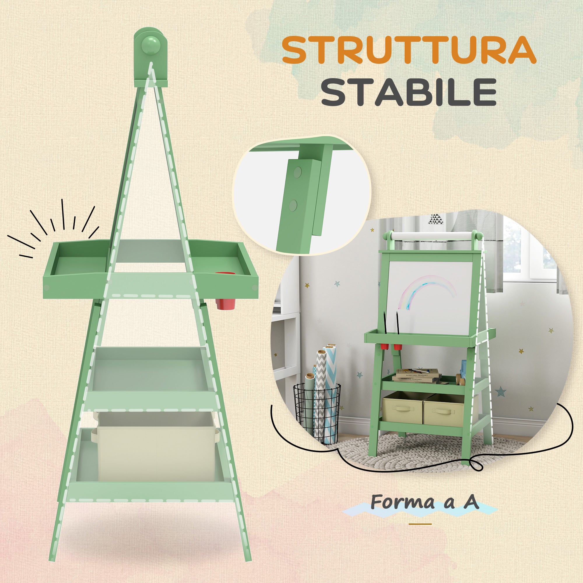 Lavagna per Bambini 59x48x118 cm a Gesso Magnetica e Rotolo di Carta in Legno Verde