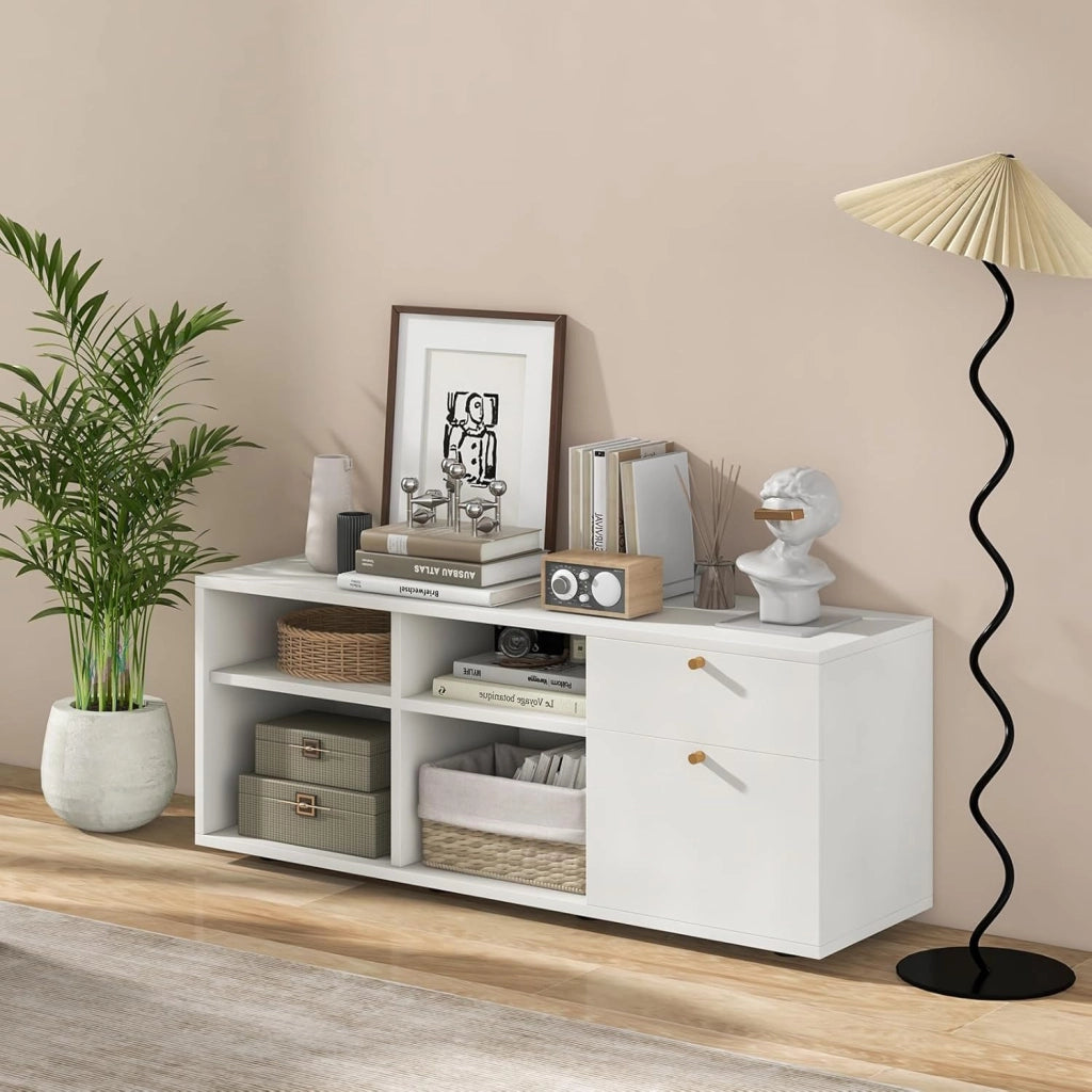 Armadietto con 4 cubi semi-aperti e 2 cassetti, armadio multifunzionale con piedini regolabili, mobile laterale in legno, 108 x 39 x 50 cm, Bianco