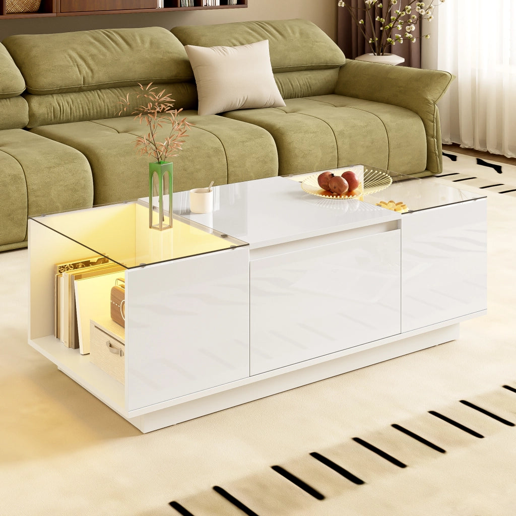 Tavolino da caffè 105x50x35 cm; con LED e spazio contenitivo; truciolare bianco
