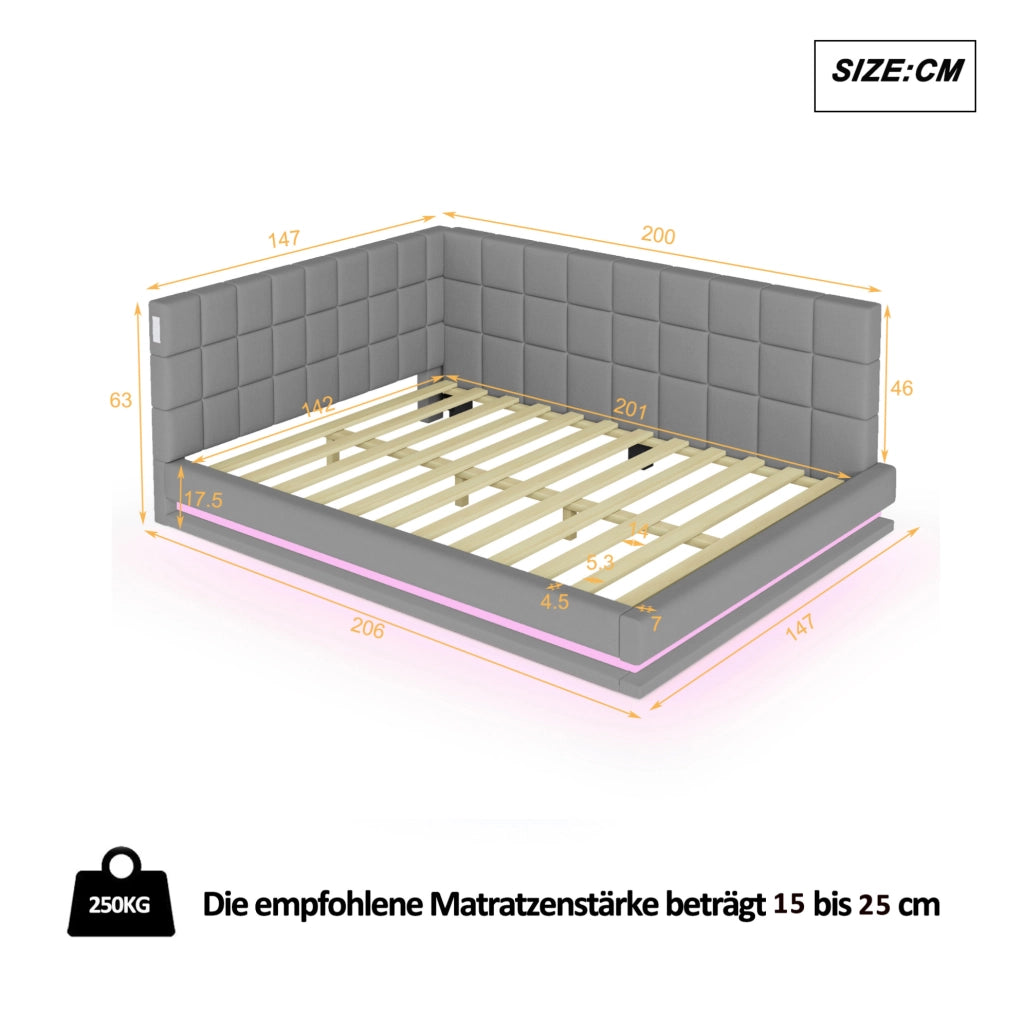 Divano letto 140x200 cm con LED e USB; lino grigio (Senza materasso)