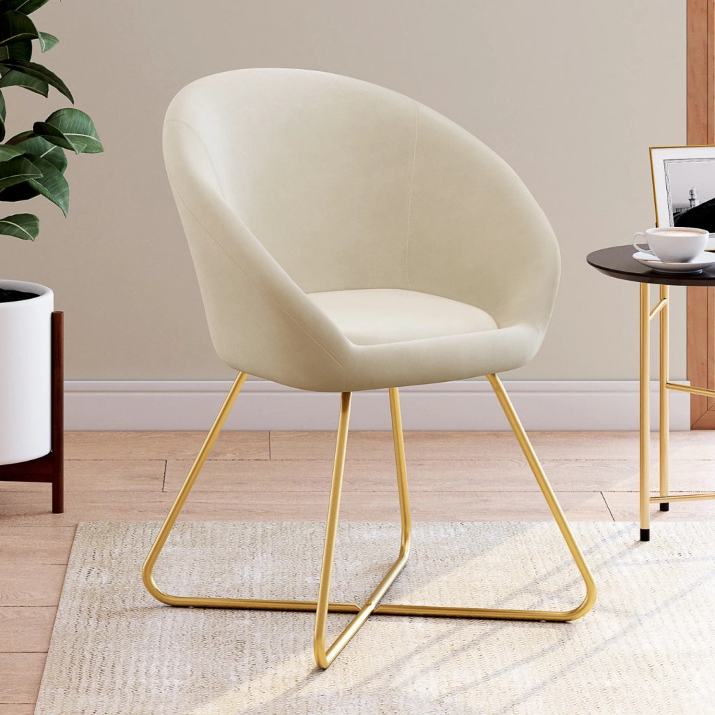 IDMarket - Poltrona rotonda ANGELINA in velluto beige con gambe incrociate dorate