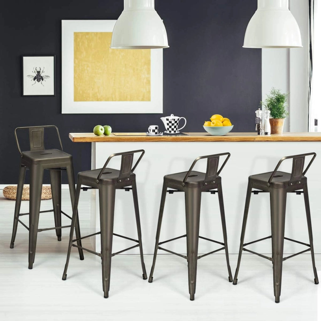 Set di 4 Sgabelli da Bar con Schienale da 94 cm, Sgabelli in Metallo Impilabili con Poggiapiedi per Cucina, Sala da Pranzo e Bar (Marrone)