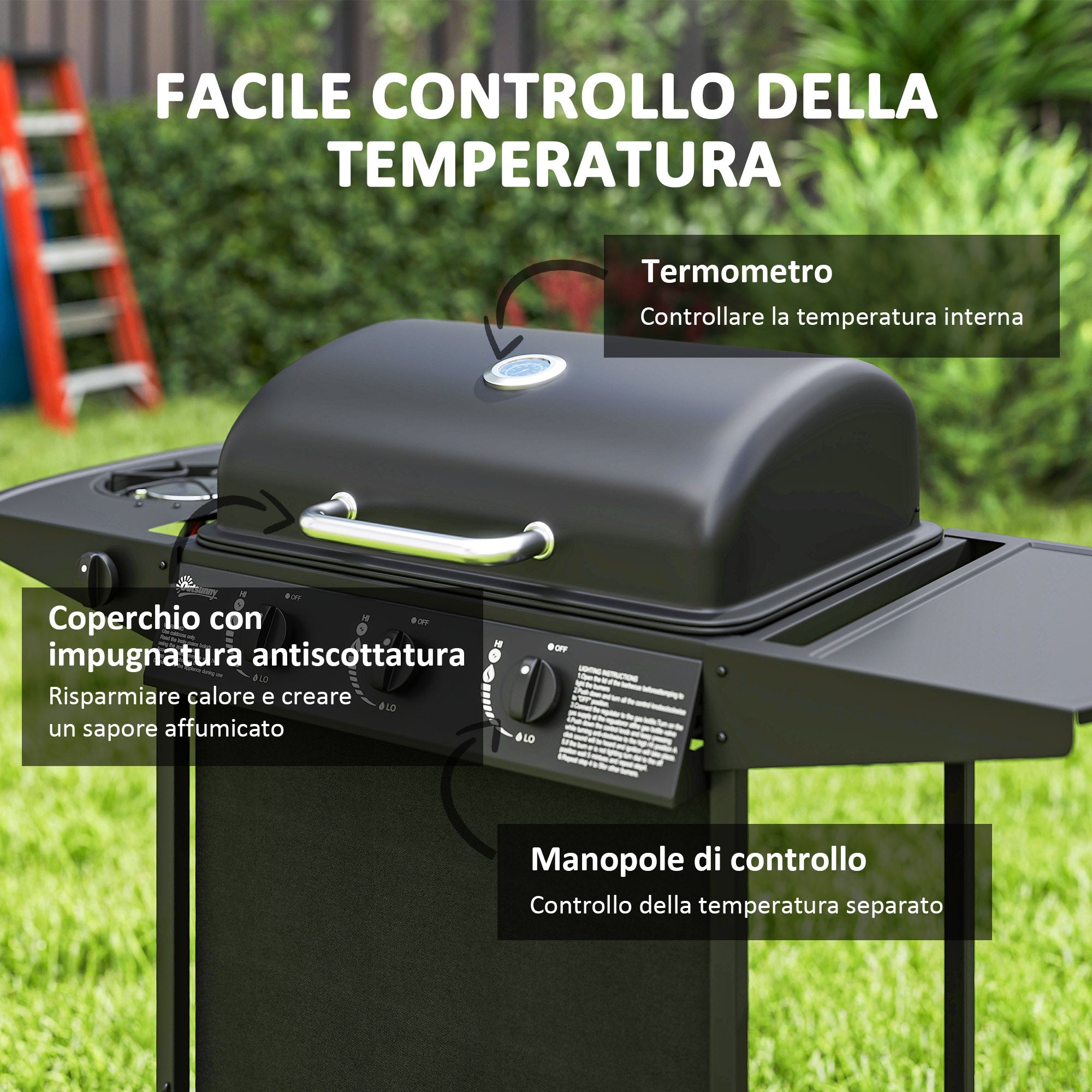 Barbecue a Gas con 4 Bruciatori Indipendenti 108x54x97 cm Coperchio con Termometro Nero
