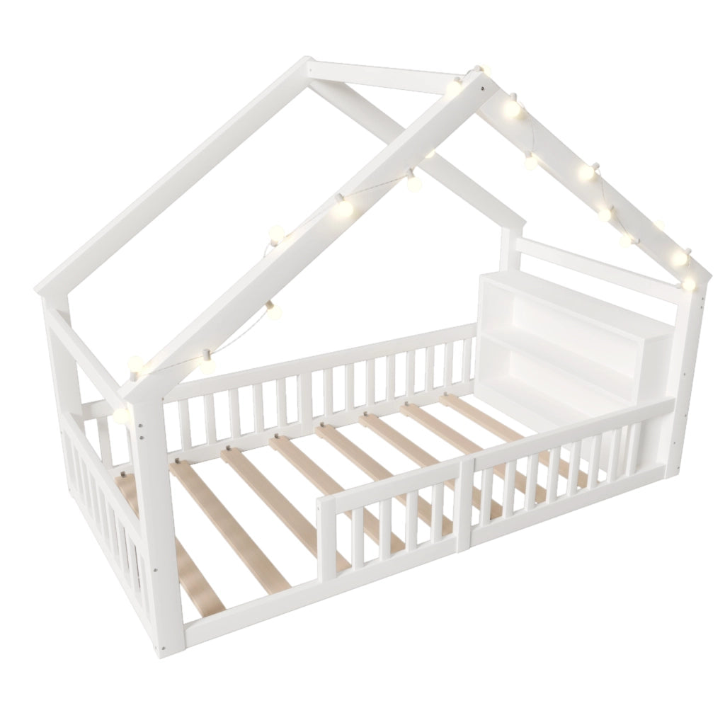 OKWISH Letto a Casetta 90×190 cm, Letto Singolo con Spondine, Mensole e Lucine Decorative, senza Materasso, in Pino, Bianco