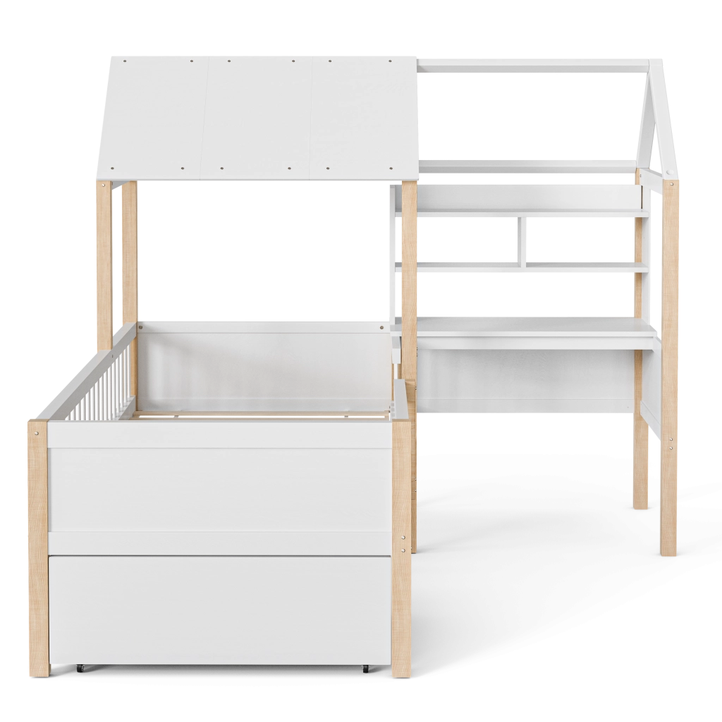 LETTO per bambini L 90x200 cm Bianco in legno massello e MDF con scrivania e libreria