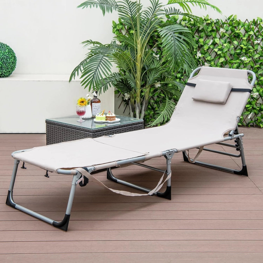 Lettino Prendisole Pieghevole Portatile, Lettino da Spiaggia con Fori per Viso e Braccia, Cuscino Poggiatesta e Tasca, Schienale Regolabile, per Mare e Piscina, Portata 180 kg (Grigio)