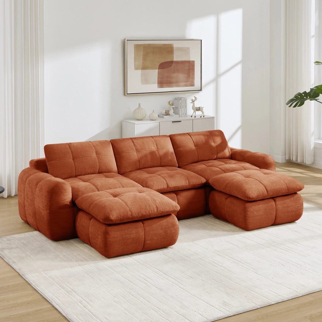 Divano modulare a U 3 posti - con seduta senza struttura e pouf - in chenille arancione