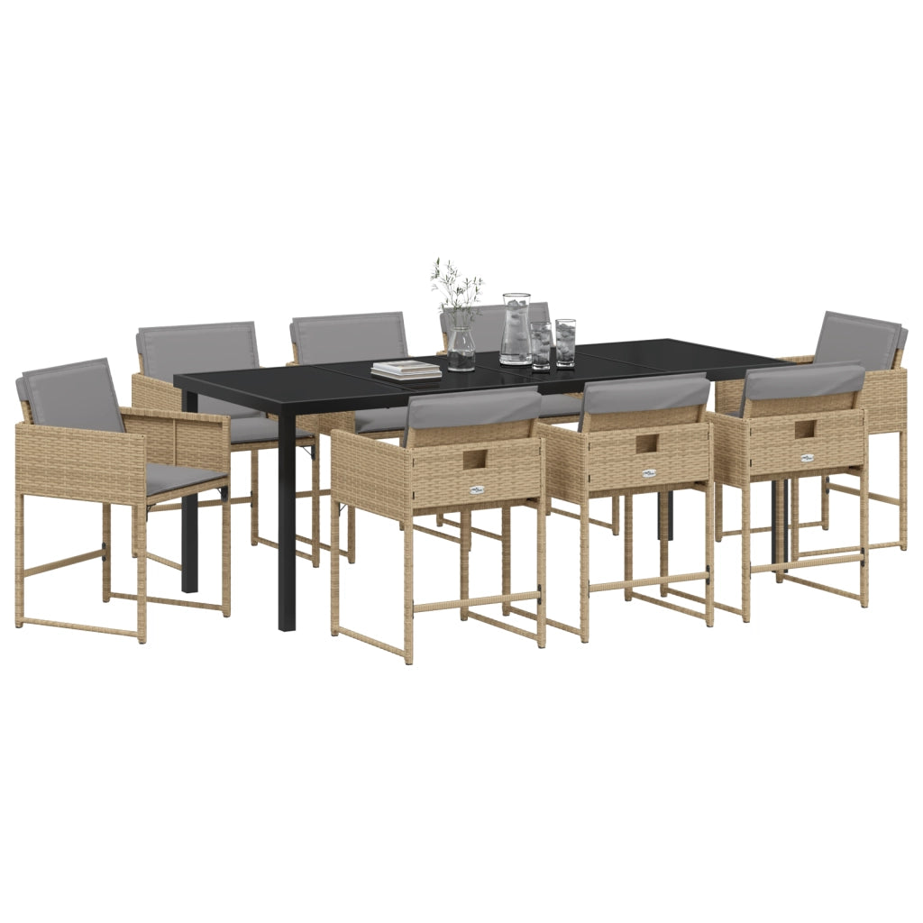 Set da Pranzo da Giardino 9 Pezzi con Cuscini Polyrattan Beige