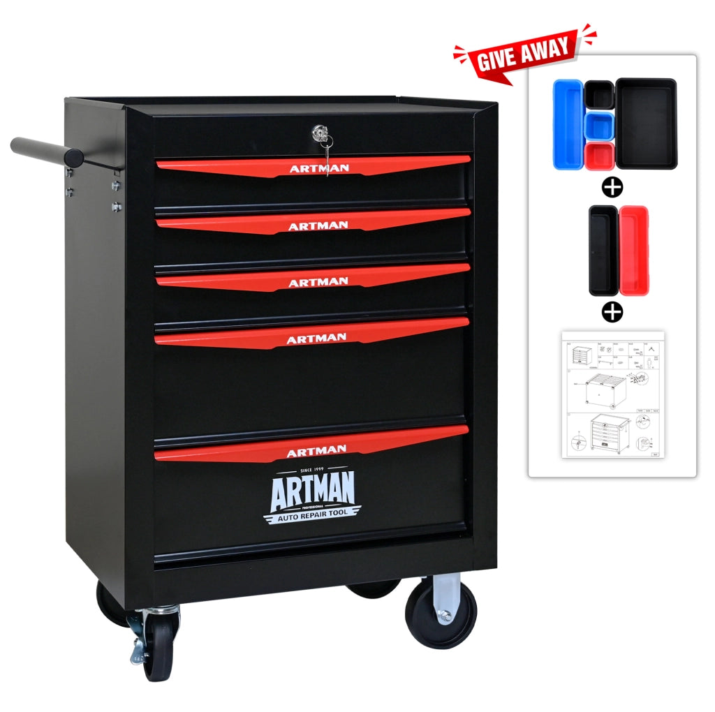 Carrello portattrezzi in acciaio con 5 cassetti e ruote bloccabili, 60x33x77,5 cm, nero e rosso