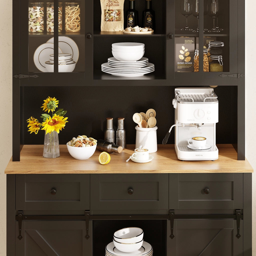 Credenza da Cucina Vetrina con 2 Ante Scorrevoli; 3 Ripiani Regolabili e LED per Cucina in MDF Nero 105x38;4x180 cm