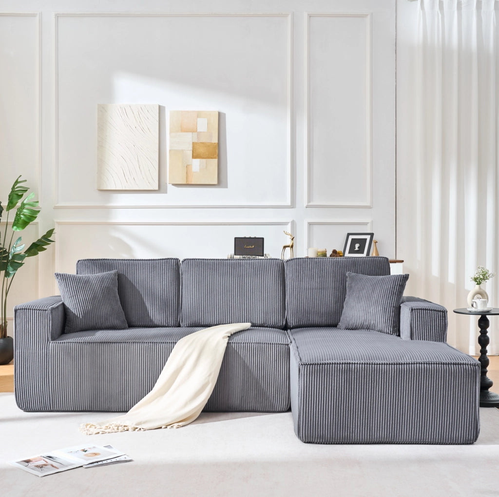 Divano angolare modulare a L 235x128x60 cm in velluto a coste grigio; con chaise longue