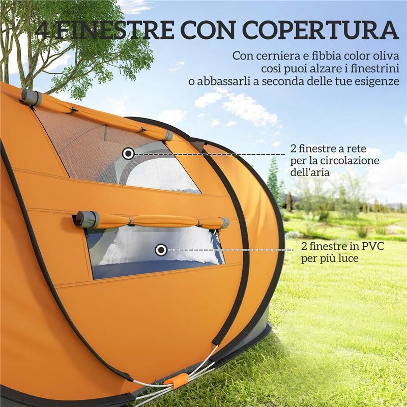 TENDA DA CAMPEGGIO POP UP 2 POSTI CON 2 PORTE, 4 FINESTRE E TELO IMPERMEABILE, 263.5X220X123 CM, ARANCIONE