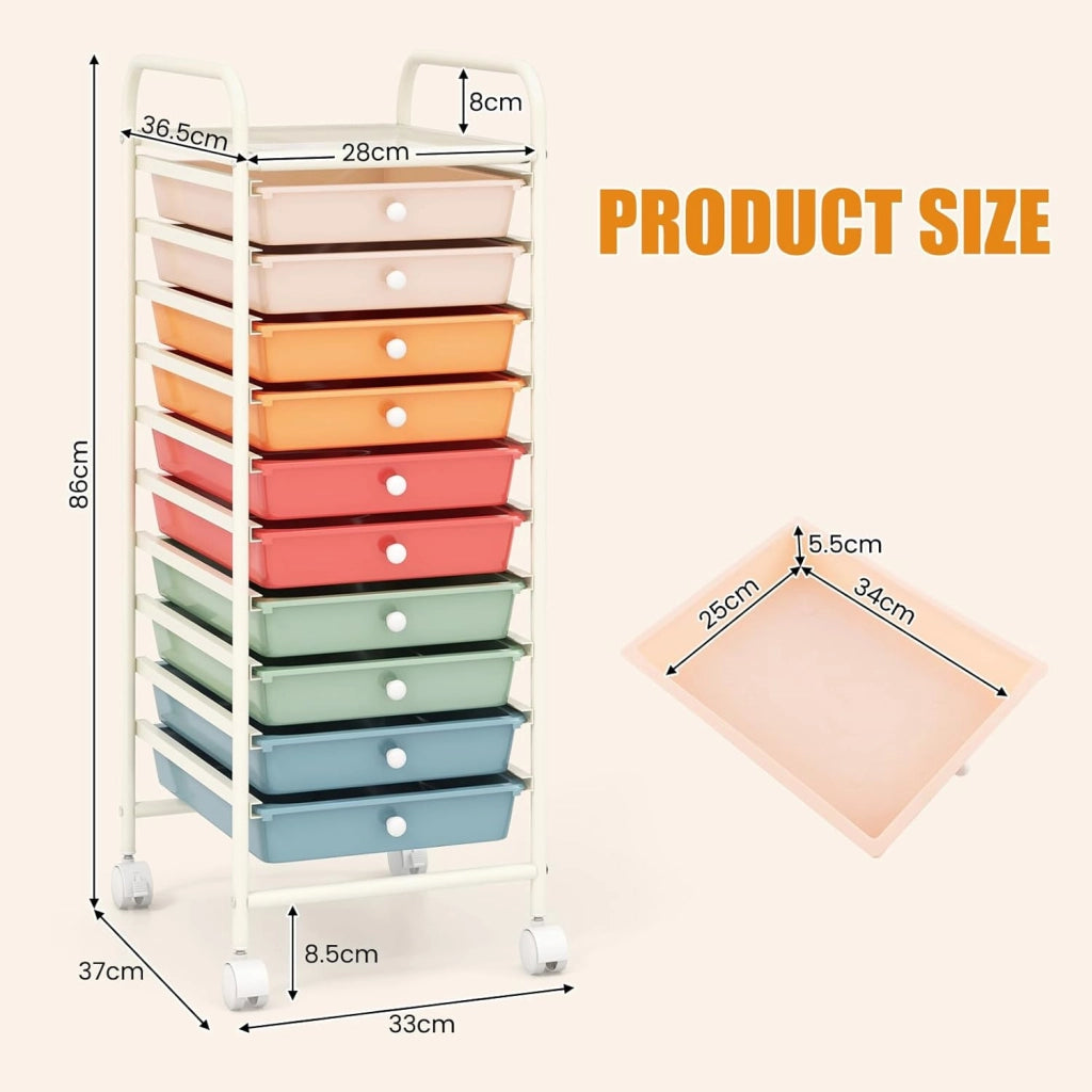 Carrello Portaoggetti con 10 Cassetti, Telaio in Metallo e Struttura in Plastica, 4 Ruote di cui 2 con Freno, Organizer Multiuso per Ufficio, Cucina e Bagno, 33 x 37 x 86 cm