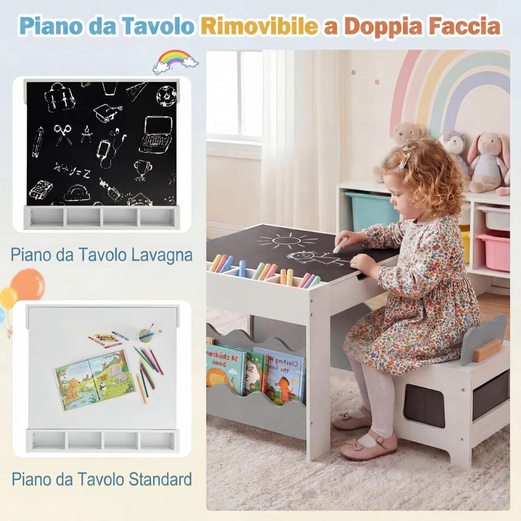 4 in 1 Set Tavolo e 2 Sedie per Bambini 3+ Anni (Grigio e Bianco) | Tavolo e Sedie con Lavagna Rimovibile, Sedia con Cassetto in Tessuto, Mobile in Legno Versatile per Cameretta e Soggiorno