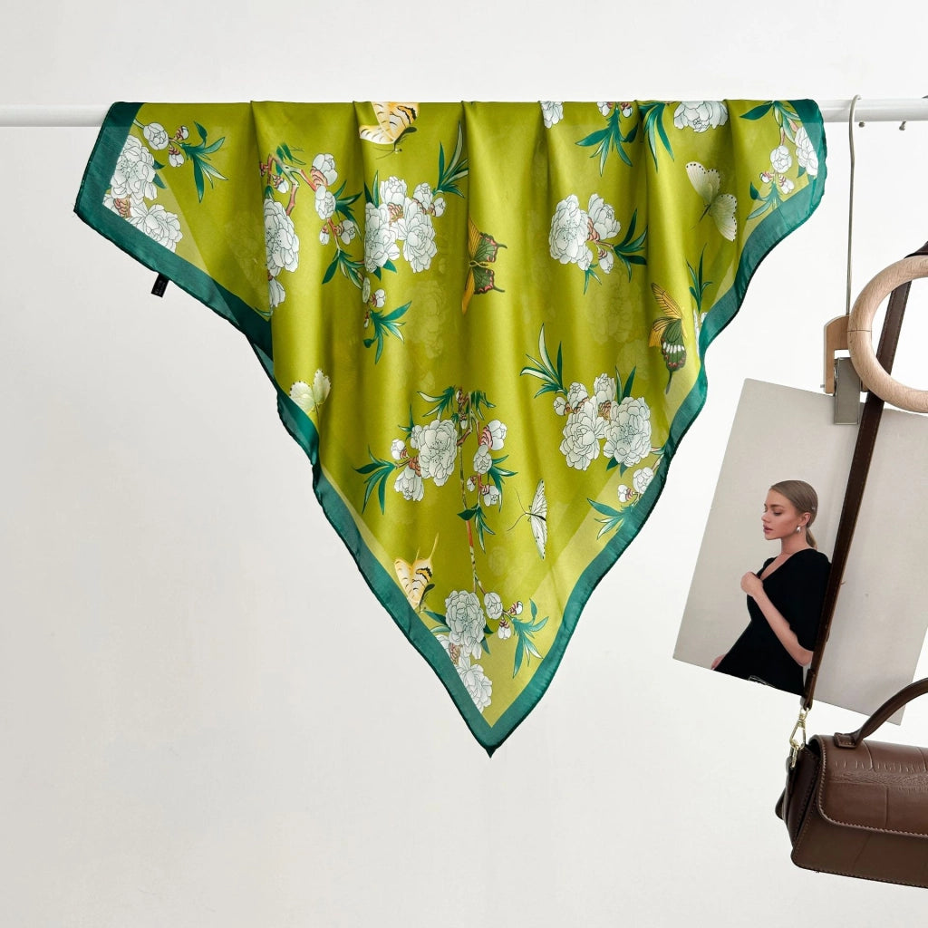 Sciarpa da donna in seta verde stampata, stile coreano, alla moda e versatile, sciarpa/fascia per il collo decorativa.