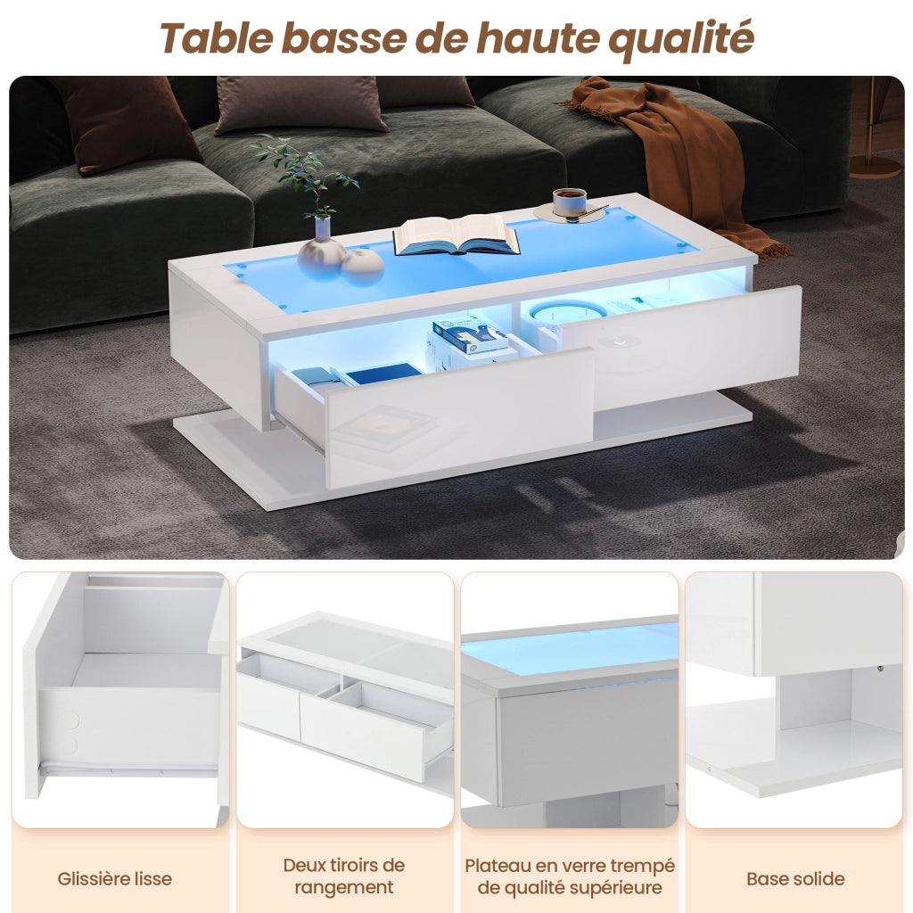 Tavolino basso con 2 cassetti e LED, piano in vetro temperato, per soggiorno, in truciolare, bianco 100 × 50 × 35 cm