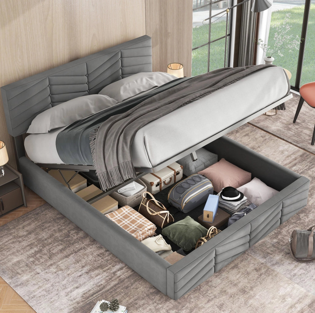 Letto imbottito matrimoniale 140x200 in velluto grigio con contenitore e testiera regolabile