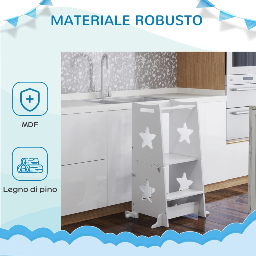 Scala Montessori Convertibile in Set Tavolo e Sedie con Barra di Sicurezza. in Legno. 60x44.5x86 cm. Bianco