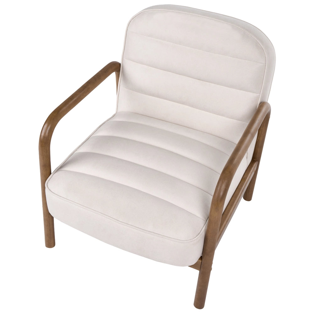 Poltrona in tessuto beige chiaro con struttura in legno, stile Mid-Century Modern