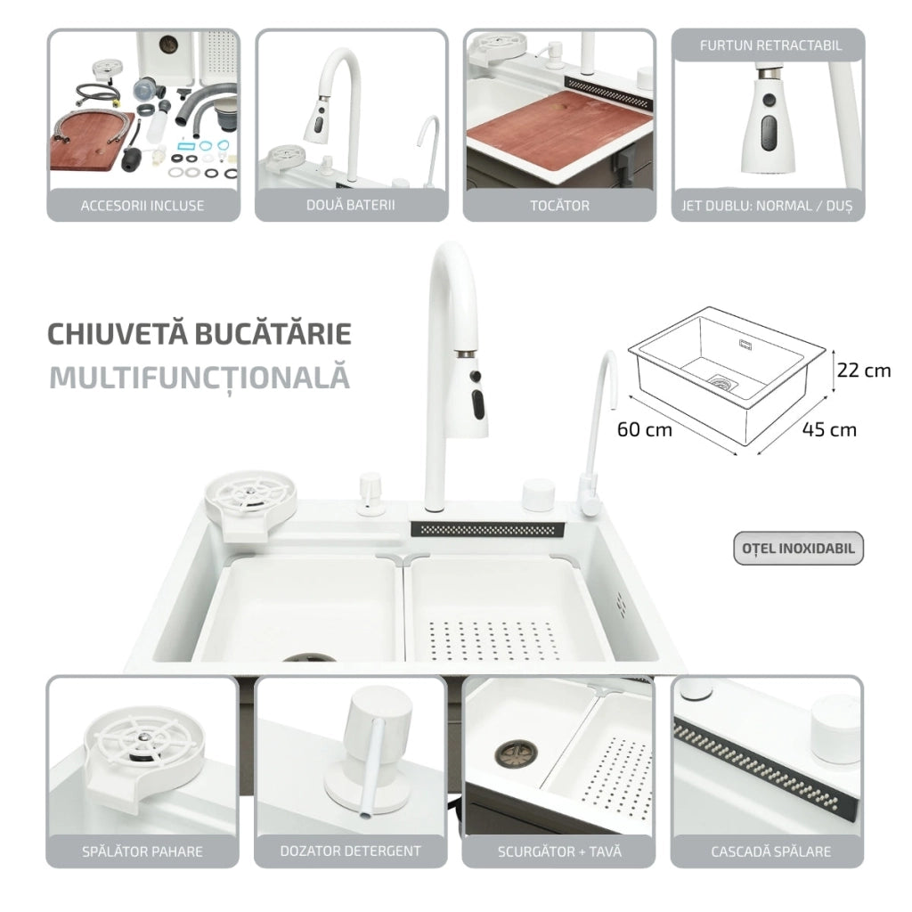 Lavello da cucina multifunzionale in acciaio inox con due rubinetti, funzione cascata, lavapentole, dispenser di sapone, scolapiatti, vassoio, tagliere e accessori di scarico inclusi, dimensioni 60×45×22 cm.