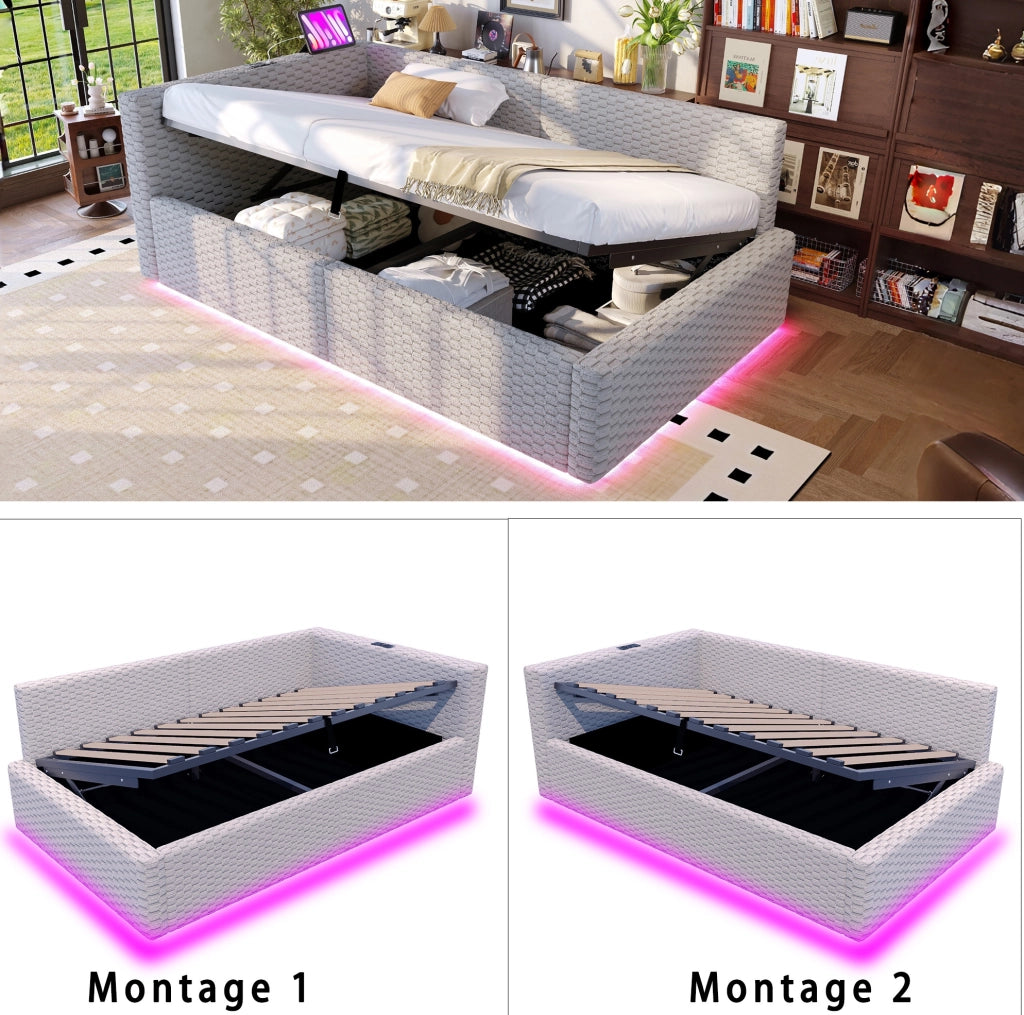 Letto imbottito multifunzione 90x200 cm in velluto grigio con contenitore; LED e porte USB