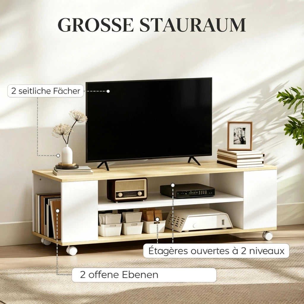 MOBILE TV con ruote 120x40x38,5 cm naturale e bianco
