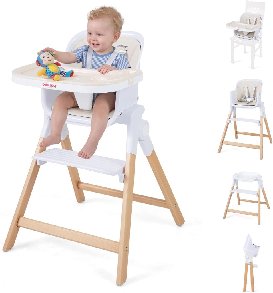 Seggiolone Pappa Pieghevole 4 in 1 con Cuscino di Seduta (Beige) | Seggiolone per Neonati 6-36 Mesi con Vassoi Rimovibili, Portabicchieri, Cintura di Sicurezza e Gambe in Legno