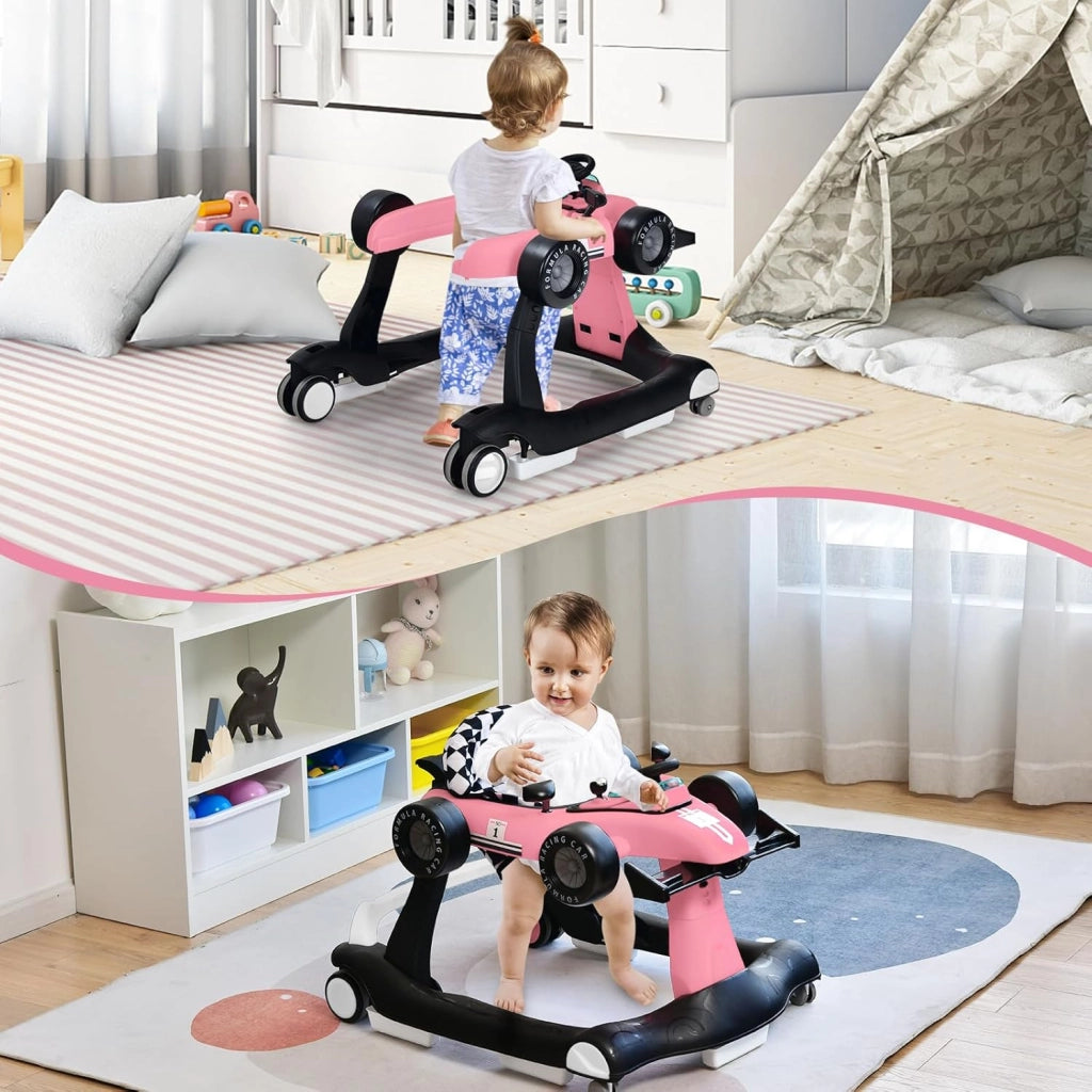Girello per Bambini 4 in 1, Girello Pieghevole con Altezza e Velocità Regolabili, Carillon con Luci, Volante, Primi Passi per Bambini 6-18 Mesi, Portata 15 kg (Rosa)