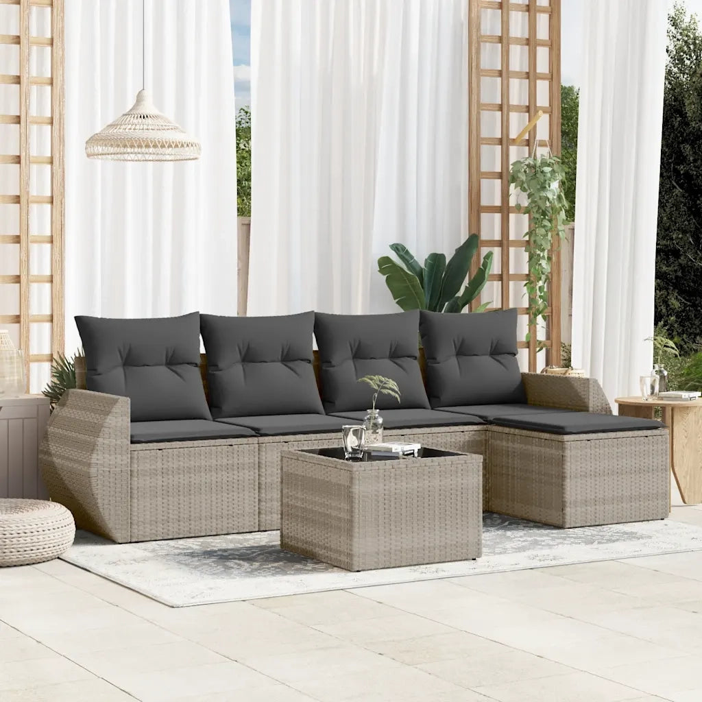 Set Divano da Giardino 6pz | Set Salotto da Giardino con Cuscini Grigio Chiaro Polyrattan