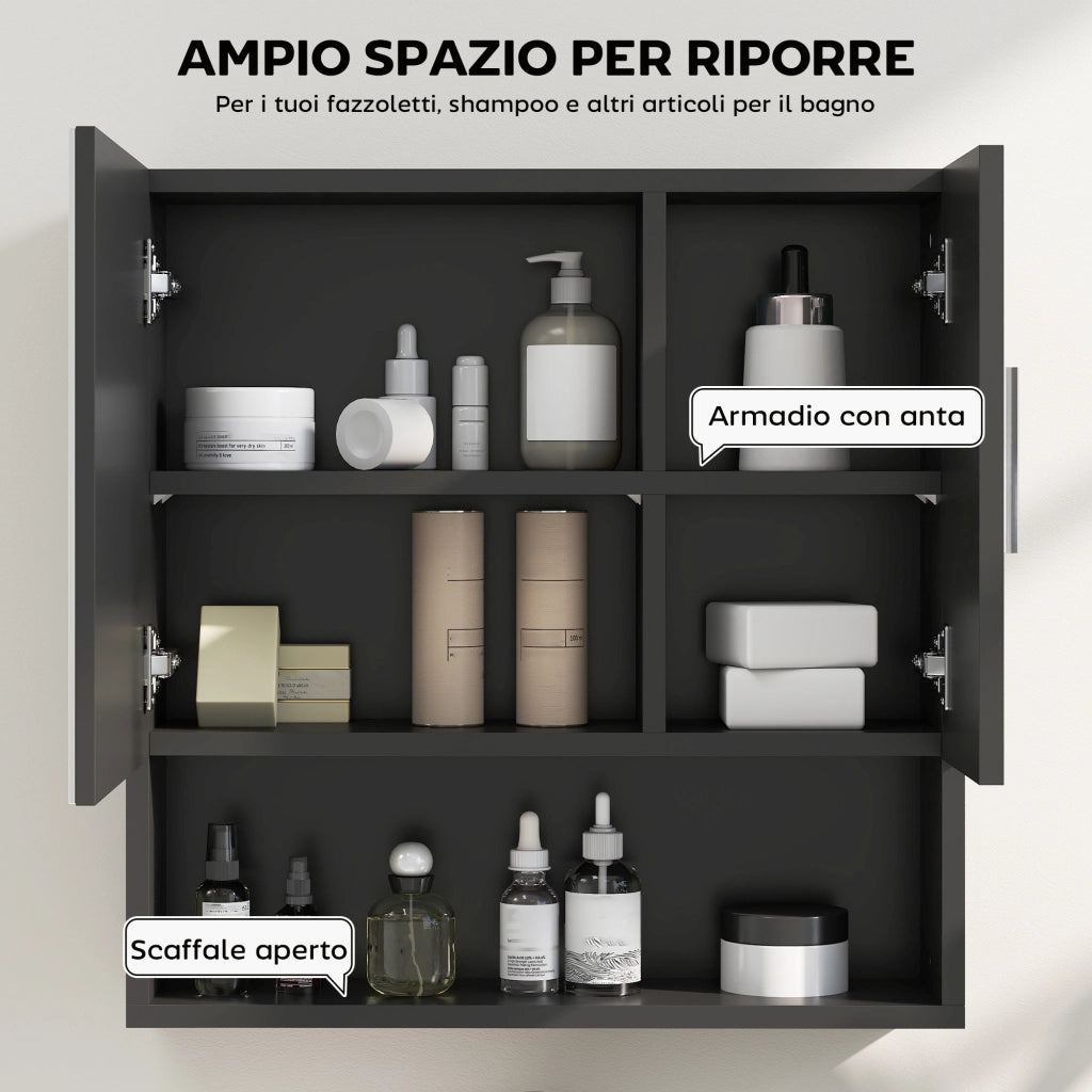 Armadietto Specchiera Bagno in Legno con Mensole Regolabili e Ripiano Aperto, 54x15.2x55.3 cm, Nero