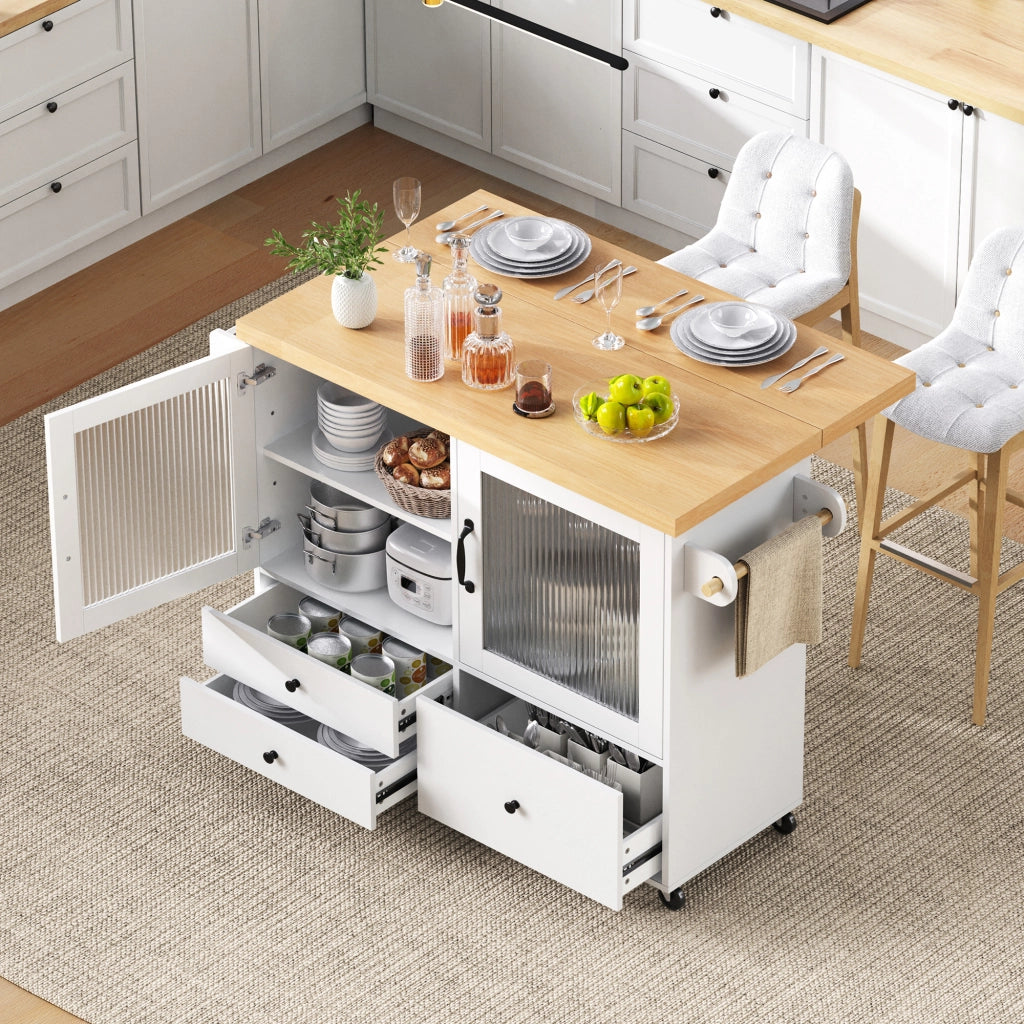 Carrello da cucina con 2 ante; cassetti; piano ribaltabile; portaasciugamani e portabicchieri; in MDF; 100 x 42-70 x 91;5 cm