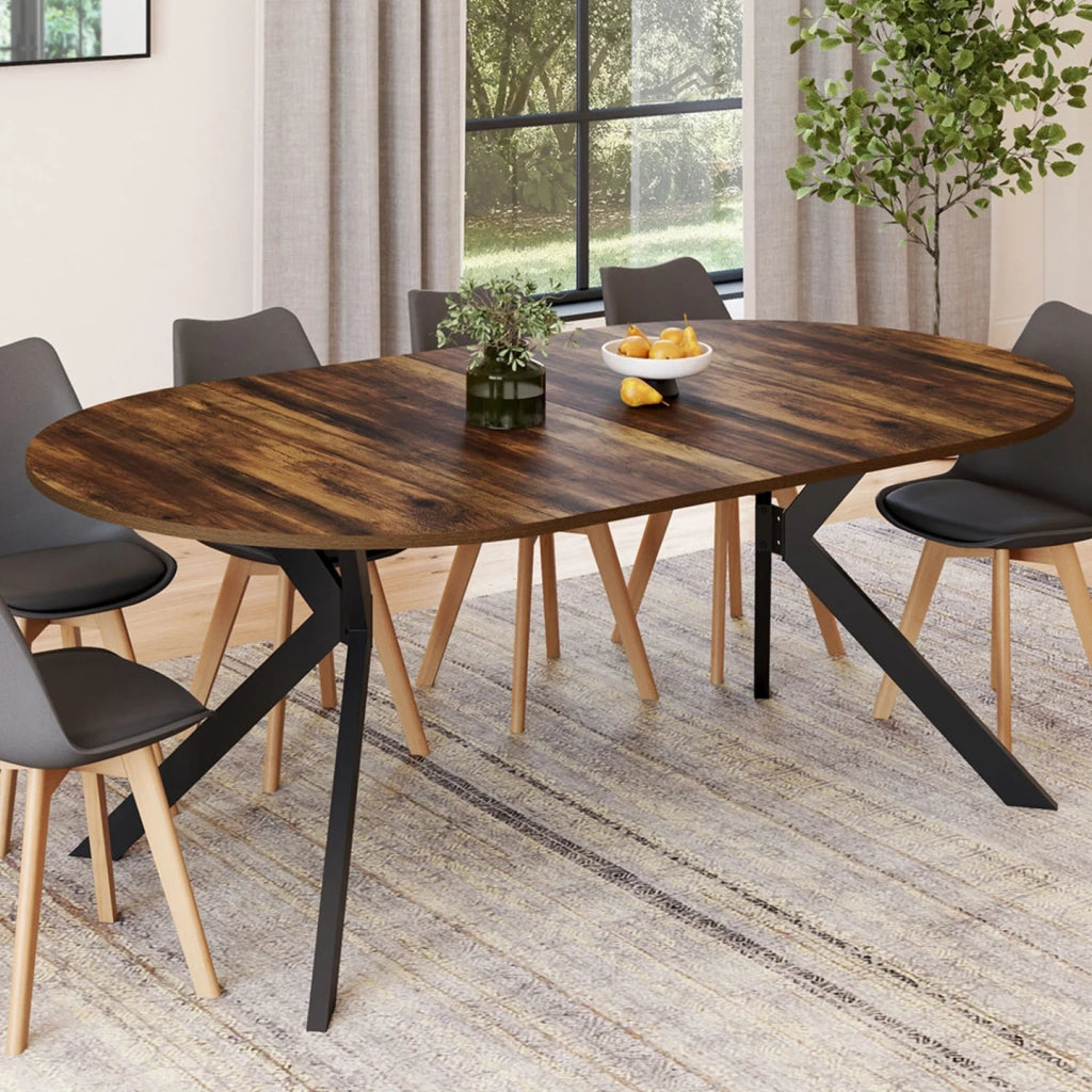 IDMarket - ALIX tavolo da pranzo rotondo allungabile 4-10 persone HAWKINS legno scuro e gamba a ragno nera 110 - 200 cm