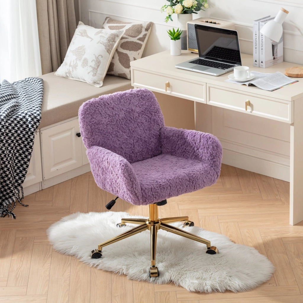 Sedia girevole e reclinabile con braccioli in pelliccia sintetica viola e base in metallo dorato 60 × 28,5 × 50 cm