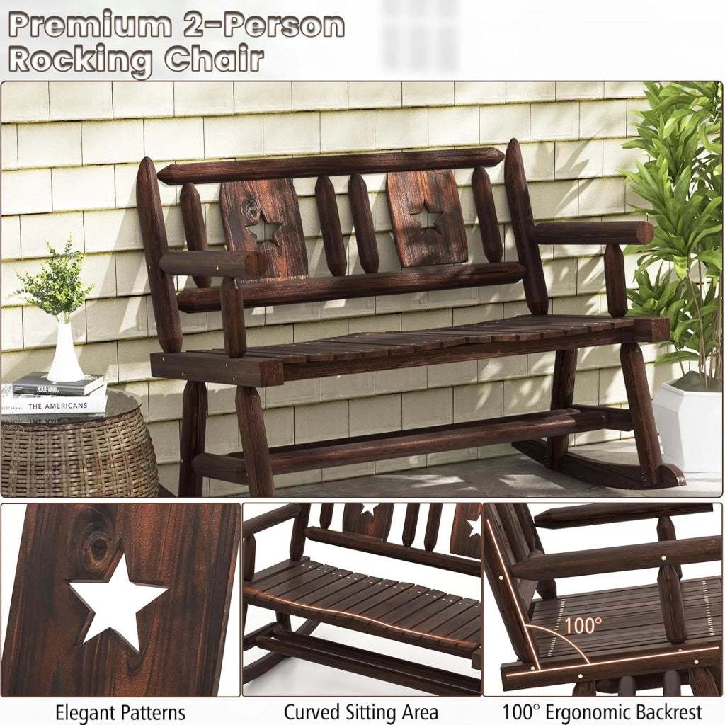 Sedia a Dondolo 2 Posti da Balcone, Panchina a Dondolo da Giradino in Legno di Pino e Abete, Sedia Dondolo Ergonomica Esterno Portato 320kg con Schienale e Braccioli, 111x85x89cm, Marrone