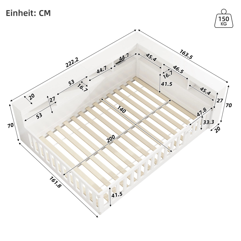 Letto da giorno 140x200 cm con vano laterale; prese USB e sponde estraibili; bianco